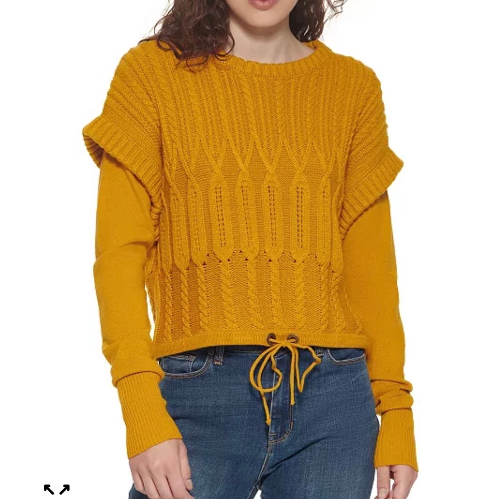 DKNY Jeans Crew Neck Drawstring Hem Cropped Cable Knit Sweater Orange Women’s L